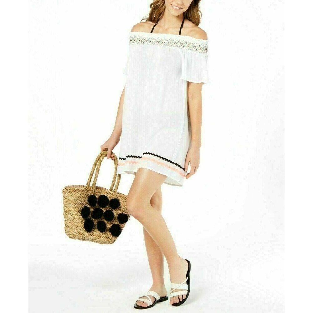 Miken Embroidered Off-The-Shoulder Swimsuit Cover-Up Dress Size‎ Small White NEW